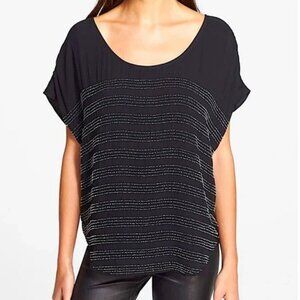 Joie Black Silk Black Beaded Sheer Blouse over tank. Loose flowy Fit. Large